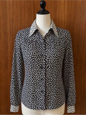 Vintage- 70s- Brown and White leaf print Button Down silky polyester Shirt